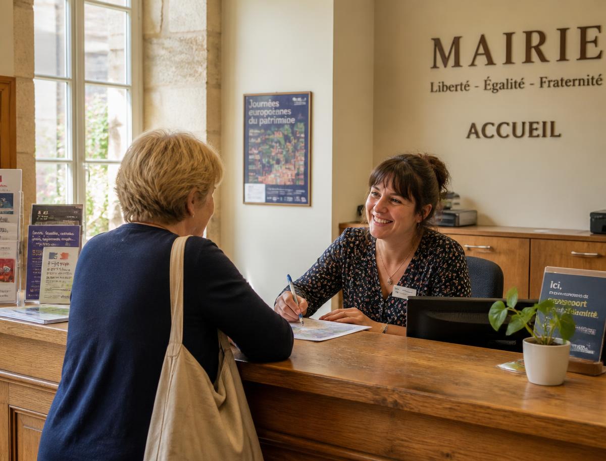 Accueil de la mairie : une agente accompagne une habitante