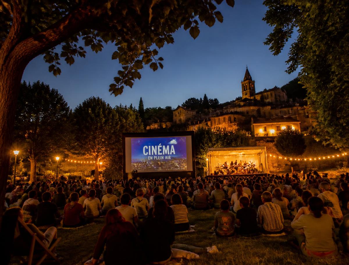 Séance de cinéma en plein air au parc, le soir