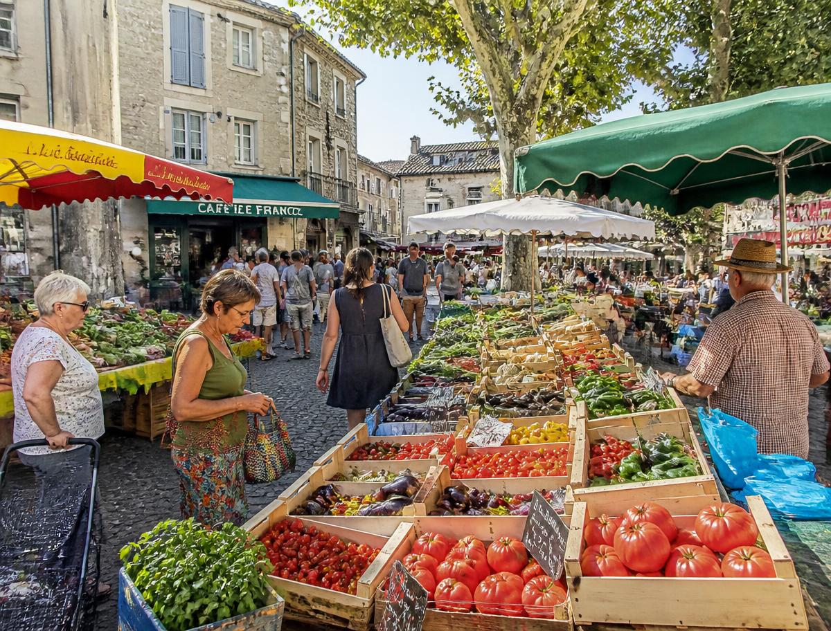 Étals colorés du marché de producteurs sur la place du village